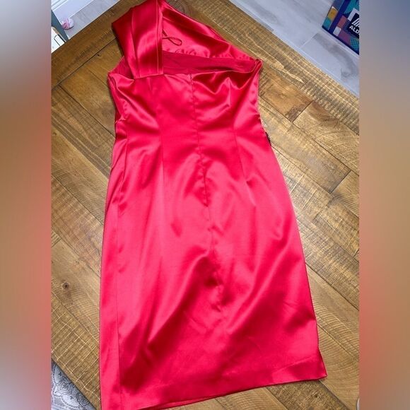 ELIZA J Red Satin One Shoulder Beaded Cocktail Dress - Picture 6 of 13